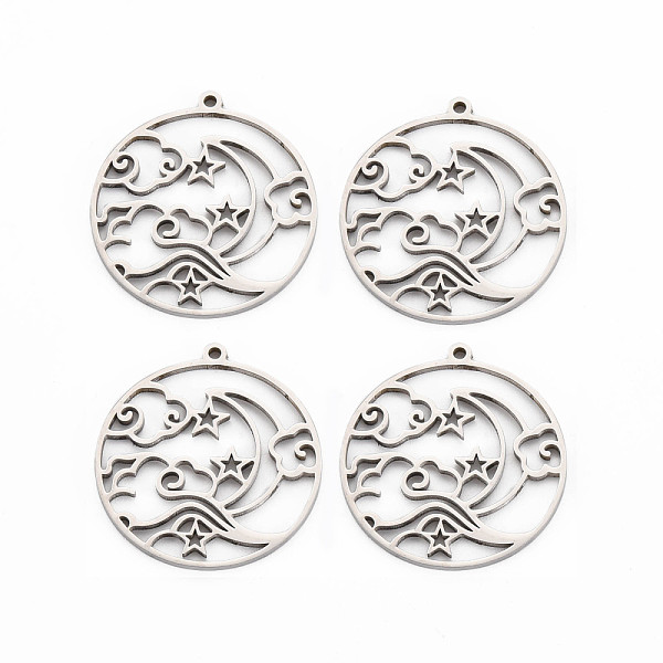 

PandaHall 201 Stainless Steel Pendants, Ring with Star & Moon, Stainless Steel Color, 30x28x1.5mm, Hole: 1.5mm 201 Stainless Steel Ring