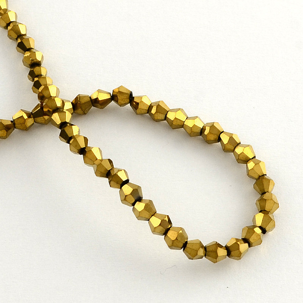 

PandaHall Electroplate Glass Bead Strands, Rainbow Plated, Faceted Bicone, Golden Plated, 3x3.5mm, Hole: 1mm, about 125~130pcs/strand, 18...