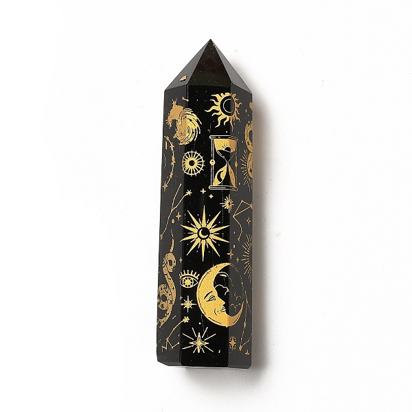

PandaHall Point Tower Natural Obsidian Home Display Decorations, Hexagon Prism with Moon Sun Snake Pattern, Gold, 20~22x23~25x80~90mm...