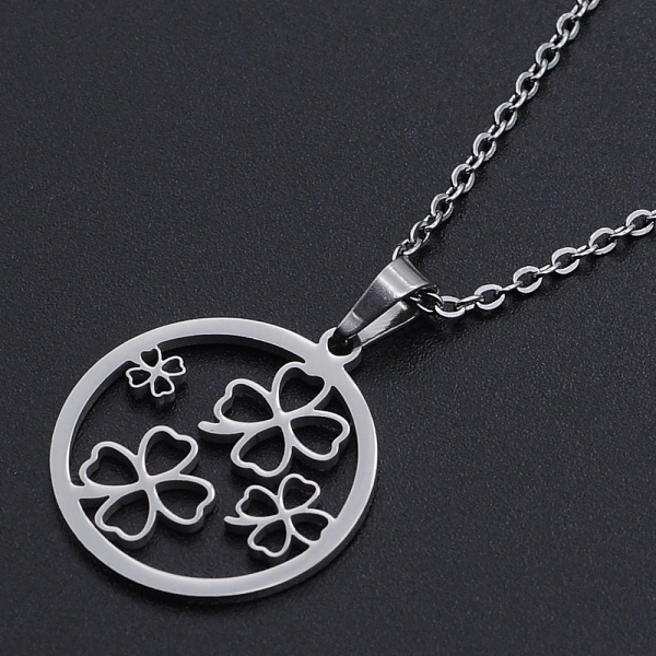 

PandaHall 201 Stainless Steel Pendants Necklaces, with Cable Chains and Lobster Claw Clasps, Flat Round with Clover, Stainless Steel Color...