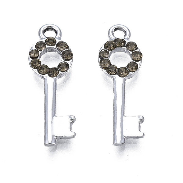 

PandaHall UV Plating Alloy Pendants, with Rhinestone, Platinum, Cadmium Free & Lead Free, Key, Black Diamond, 23.5x7.5x2mm, Hole: 1.6mm..., Gray
