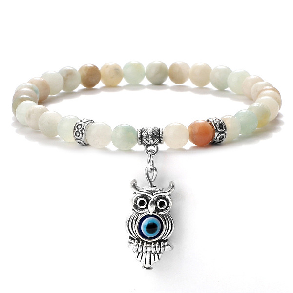 

PandaHall Fashion Natural Flower Amazonite Beaded Stretch Bracelets, Owl with Evil Eye Charms Bracelets for Women Flower Amazonite Owl