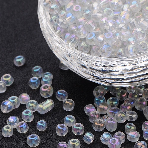 

PandaHall 6/0 Glass Seed Beads, Trans.Colours Rainbow, Clear, about 4mm in diameter, hole: 1mm, about 4500pcs/pound Glass Clear