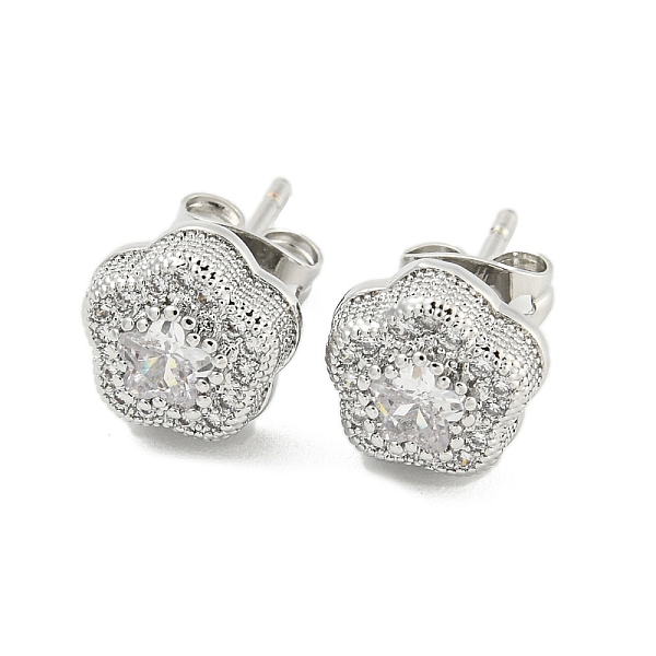 

PandaHall Brass Micro Pave Cubic Zirconia Ear Studs, Flower, Platinum, 9mm Brass Flower Clear