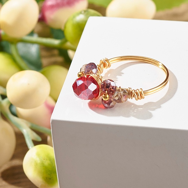 

PandaHall Electroplate Faceted Glass Beads Finger Ring, Golden Copper Wire Wrap Ring for Girl Women, Red, US Size 8(18.1mm) Glass Red