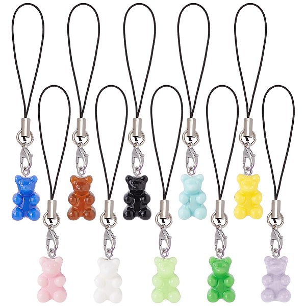 PandaHall Cute Resin Bear Cell Phone Charm Polyester Cord Mobile Straps, Mixed Color, 8.5~9cm, 10pcs/set Resin Multicolor