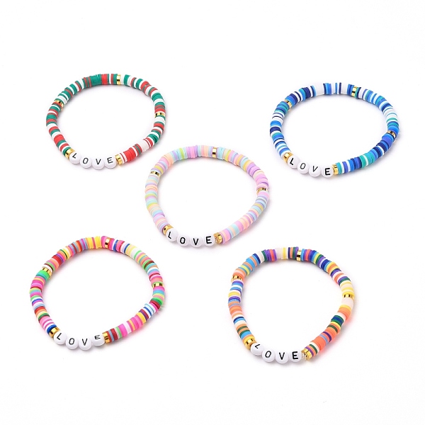

PandaHall Polymer Clay Heishi Beads Stretch Bracelets, for Valentine's Day, with Acrylic Letter Beads and Brass Spacer Beads, Word Love..., Multicolor
