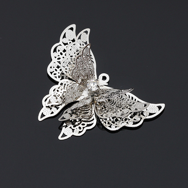 

PandaHall Brass Pendants, with Rhinestone, Butterfly, Platinum, 25x35mm Brass Butterfly