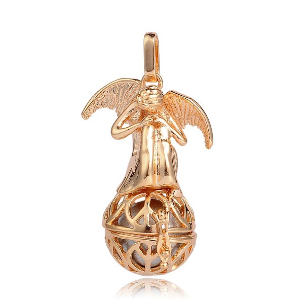 

PandaHall Golden Plated Brass Hollow Round Cage Pendants, with No Hole Spray Painted Brass Round Beads, Angel, Silver, 44x29x20mm, Hole...