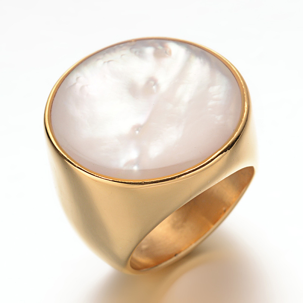 

PandaHall Fancy Style Ion Plating(IP) 316 Surgical Stainless Steel Shell Wide Band Finger Rings, Golden, Size 8, 18mm Stainless Steel+Shell