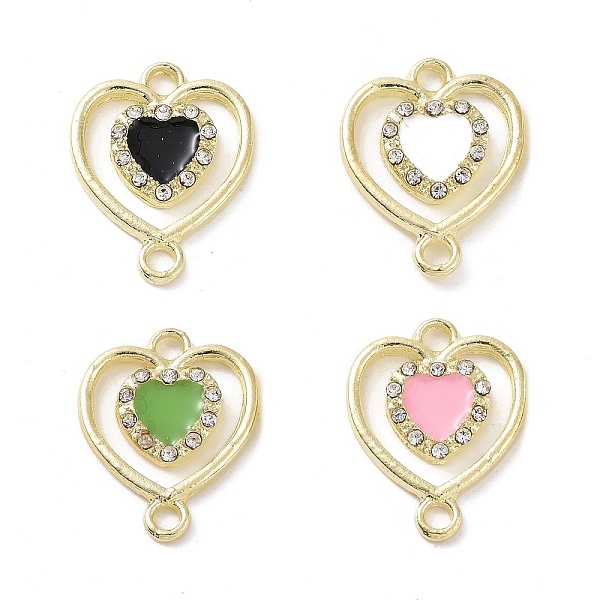 PandaHall Alloy Enamel Connector Charms, Heart Links, with Crystal Rhinestone, Light Gold, Cadmium Free & Lead Free, Mixed Color...