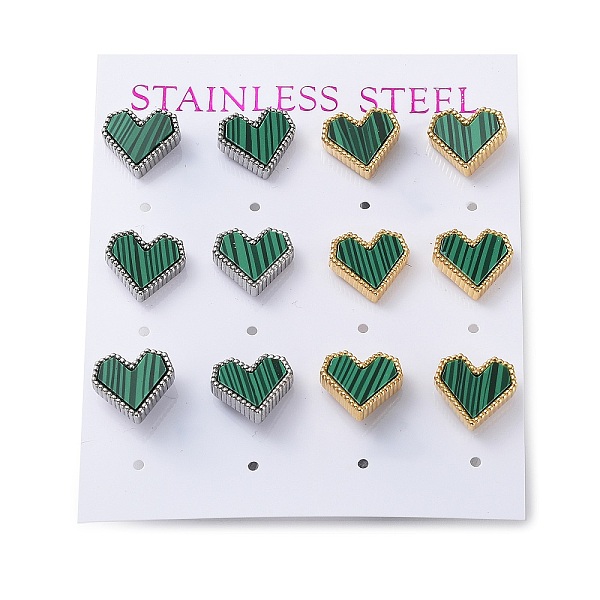 

PandaHall 6 Pair 2 Color Synthetic Malachite Heart Stud Earrings, 304 Stainless Steel Earrings, Golden & Stainless Steel Color, 10x11mm, 3...