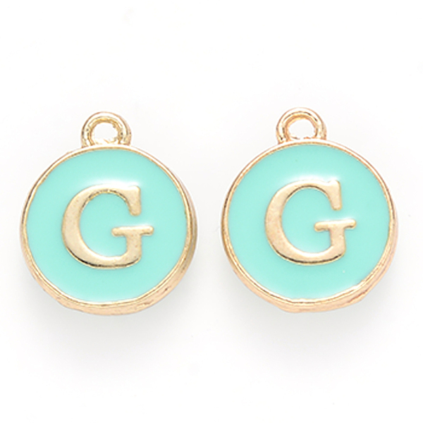 

PandaHall Golden Plated Alloy Enamel Charms, Cadmium Free & Lead Free, Enamelled Sequins, Flat Round with Letter, Turquoise, Letter.G..., Green