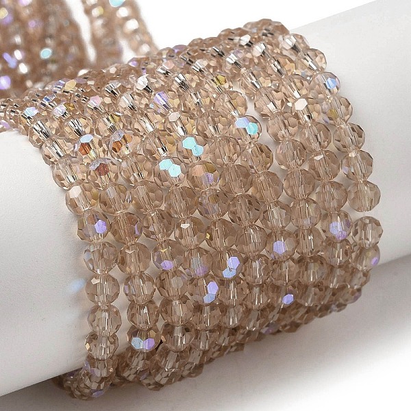 

PandaHall Electroplate Transparent Glass Beads Strands, Faceted, Round, Rainbow Plated, Tan, 4mm, Hole: 0.7mm, about 87~93pcs/strand..., Orange