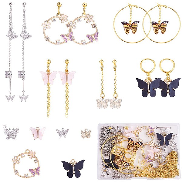 

PandaHall DIY Butterfly Earring Making Kit, Including Alloy & Acrylic & Rhinestone Pendants, Brass Hoop & Stud Earring Findings, 304...