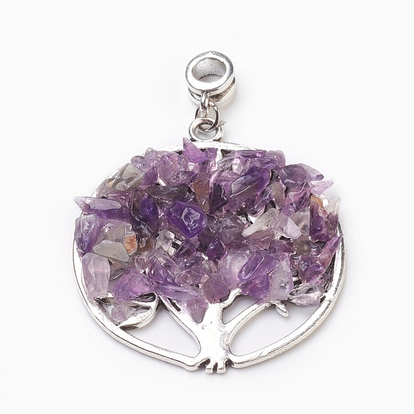 

PandaHall Natural Amethyst European Dangle Charms, Large Hole Pendants, with Antique Silver Plated Alloy Findings, Flat Round with Tree...