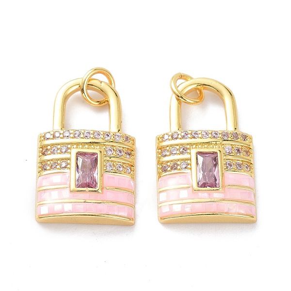 

PandaHall Real 18K Gold Plated Brass Micro Pave Clear Cubic Zirconia Pendants, with Shell filled in Enamel, Long-Lasting Plated, Lock, Pink...