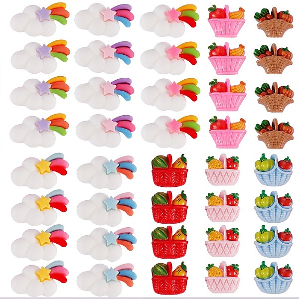 

PandaHall 40Pcs 10 Style Resin Cabochons, Fruit Basket & Cloud & Meteor with Rainbow, Mixed Color, 4pcs/style Resin Mixed Shapes Multicolor