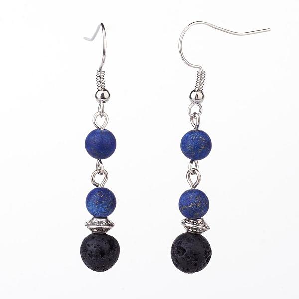 PandaHall Frosted Dyed Natural Lapis Lazuli Dangle Earrings, with Natural Lava Rock Beads, Brass Earring Hooks and Alloy & Iron Findings...