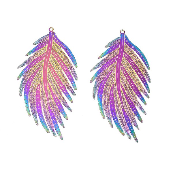 

PandaHall Ion Plating(IP) 304 Stainless Steel Filigree Big Pendants, Etched Metal Embellishments, Feather, Rainbow Color, 54x27x0.2mm, Hole...