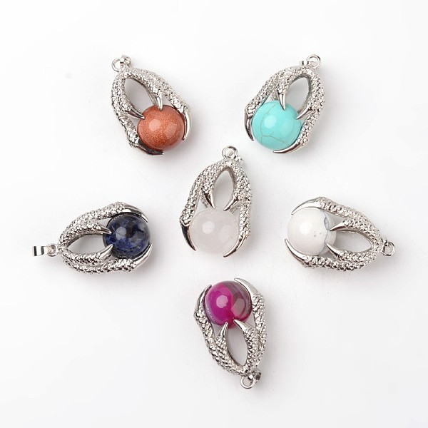 

PandaHall Eagle Claw Alloy Natural & Synthetic Mixed Stone Pendants, Platinum, 34~36x22~24x16mm, Hole: 5x8mm Mixed Stone Others