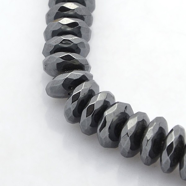 

PandaHall Electroplate Non-magnetic Synthetic Hematite Beads Strands, Faceted Rondelle, Black Plated, 8x3mm, Hole: 1mm, about 106pcs/strand...