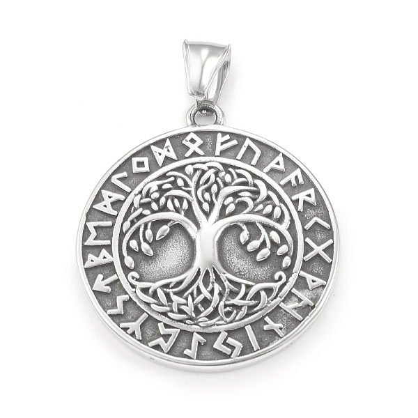 

PandaHall 304 Stainless Steel Pendants, Flat Round with Tree of Life & Rune Pattern, Antique Silver, 39x35x5mm, Hole: 4x7mm 304 Stainless...