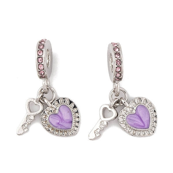 

PandaHall Rack Plating Alloy Light Rose Rhinestone European Dangle Charms, Key & Heart Large Hole Pendants with Enamel, Platinum, Violet..., Purple