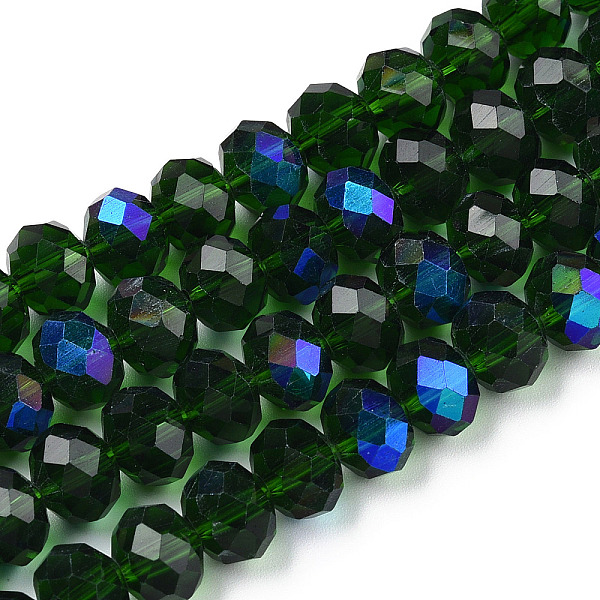 

PandaHall Electroplate Glass Beads Strands, Half Rainbow Plated, Faceted, Rondelle, Dark Green, 6x5mm, Hole: 1mm, about 83~85pcs/strand...