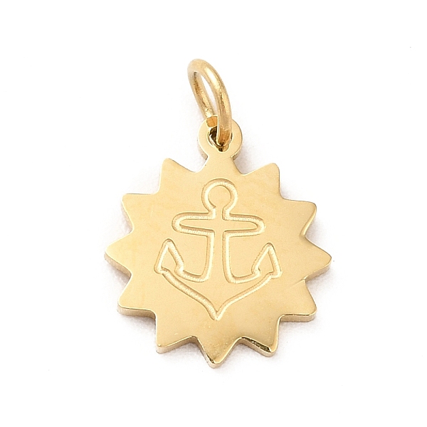 

PandaHall Ion Plating(IP) 304 Stainless Steel Charms, with Jump Ring, Flower with Anchor Pattern, Real 14K Gold Plated, 11.5x10x0.8mm, Hole...