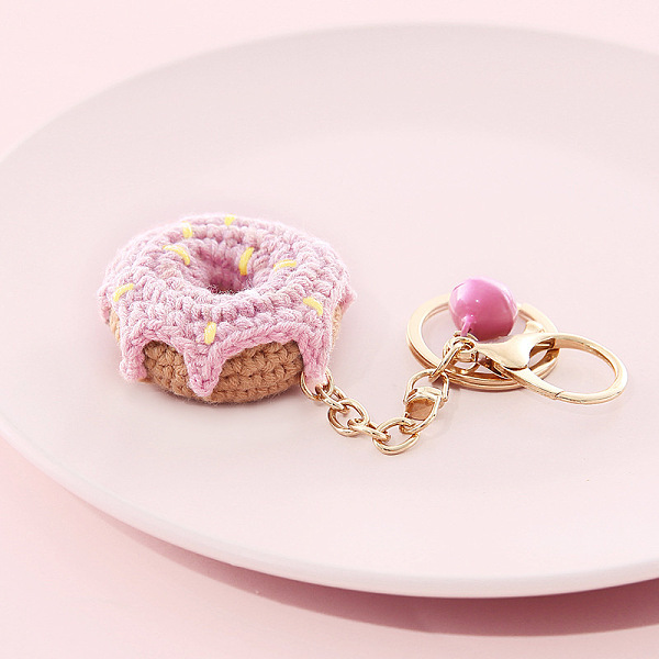 

PandaHall Cotton Crochet Food Keychain, with Iron Key Rings & Lobster Claw Clasps & Bell, Donut, 13x4.8cm Cotton Donut