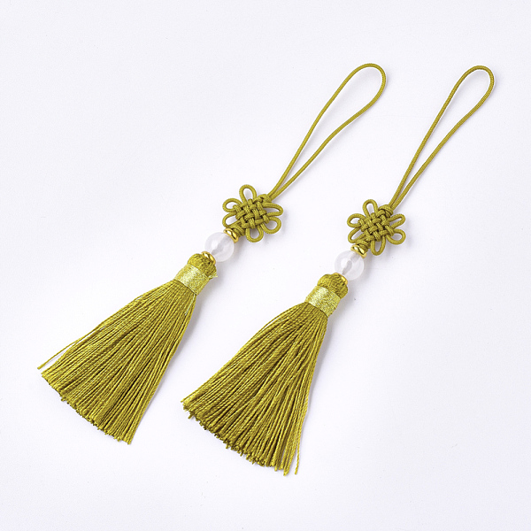 

PandaHall Polyester Tassel Big Pendant Decorations, with Jade Bead, Chinese Knot, Dark Goldenrod, 70~76x14~18mm Polyester Gold