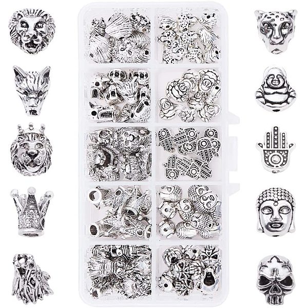 PandaHall PH 10 Style Animal Jewelry Spacer Beads, 100pcs Lion Crown Skull Leopard Wolf Buddha Head Metal Beads Charms for Earring Bracelet...