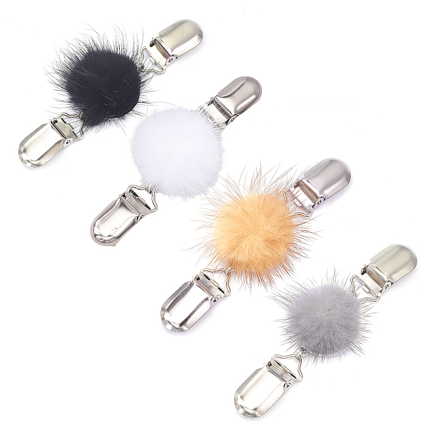 PandaHall CHGCRAFT 4Pcs 4 Colors Faux Mink Fur Covered Round Beads Sweater Collar Clips, Platinum Vintage Alloy Dresses Shawl Clips Brooch...