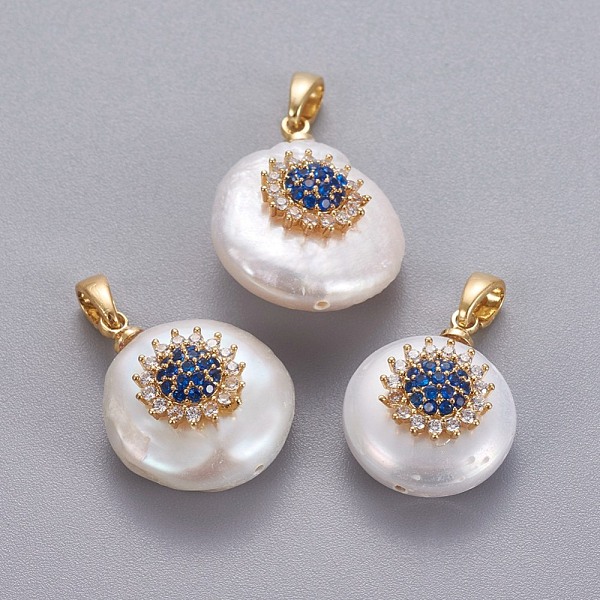 

PandaHall Natural Cultured Freshwater Pearl Pendants, with Brass Micro Pave Cubic Zirconia Findings, Nuggets with Flower, Long-Lasting..., Blue
