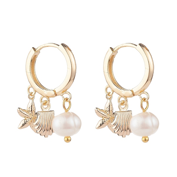 

PandaHall Starfish & Shell & Natural Pearl Drop Huggie Hoop Earrings, Brass Jewelry for Women, Golden, 26.5mm, Pin: 0.8mm Brass Mixed Shapes