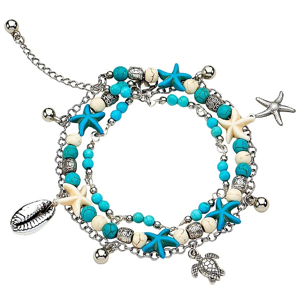 

PandaHall Synthetic Turquoise Beads Multi-strand Anklet, Starfish & Shell & Tortoise Charm Anklet for Women, 9-1/2 inch(24cm) Synthetic...