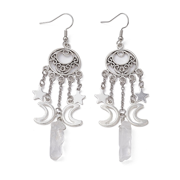 

PandaHall Natural Quartz Crystal Twist Rectangle Dangle Earrings, Star and Moon Alloy & 304 Stainless Steel Tassel Long Drop Earrings for...