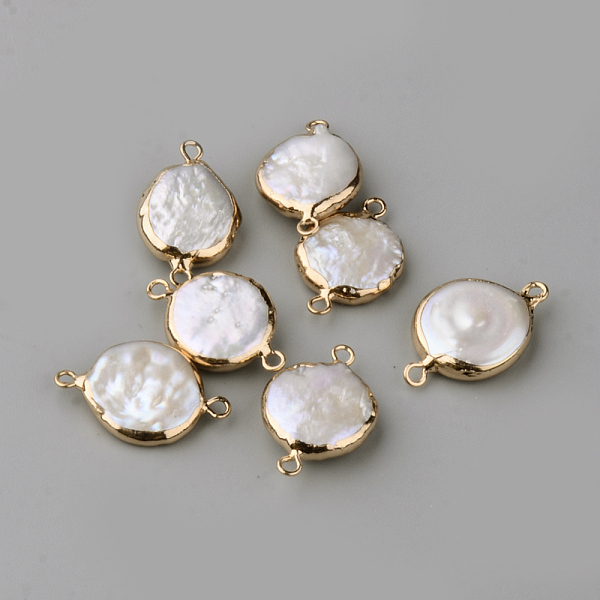 

PandaHall Plated Natural Pearl Links connectors, with Iron Findings, Flat Round, Golden, Beige, 23.5~28x16~19x4~7mm, Hole: 1.6~1.8mm Pearl..., Yellow