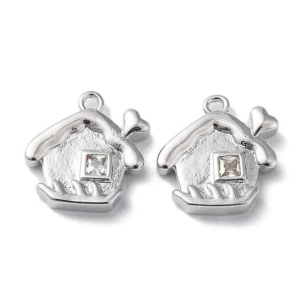 PandaHall Brass Glass Charms, House, Real Platinum Plated, 11x11x2.5mm, Hole: 1mm Brass+Glass House Clear