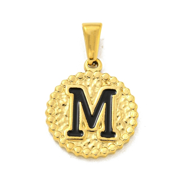 

PandaHall Ion Plating(IP) 304 Stainless Steel Enamel Pendants, Golden, Flat Round with Letter Charm, Letter M, 21x18x2mm, Hole: 8x3.5mm..., Black