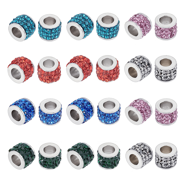 UNICRAFTALE 24pcs 6 Colors Column European Beads with Polymer Clay Rhinestone 304 Stainless Steel Beads Fit European Bracelet Chain Jewelry...