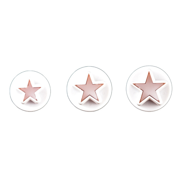 

PandaHall Plastic Cookie Fondant Stamper Set, Biscuit Cookie Stamp Impress, Round with Star Pattern, White, 14~20x42~52mm, about 3pcs/set...