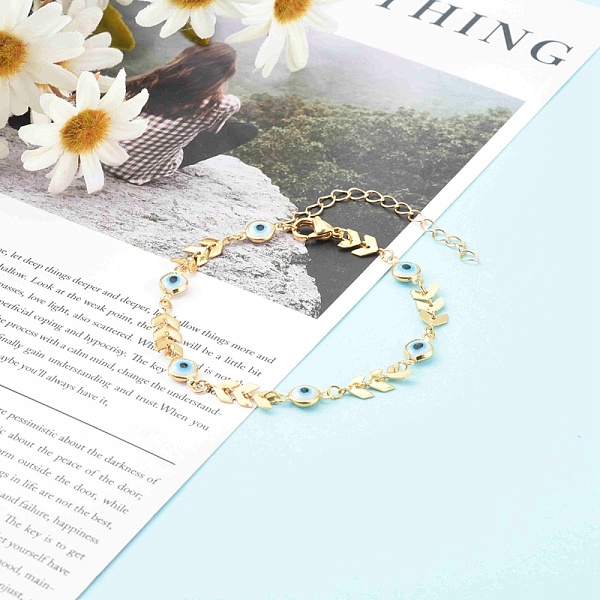 

PandaHall Brass Cobs Chain Bracelets, with Evil Eye Glass Enamel Links, White, Golden, 7-1/4 inch(18.5cm) Glass Evil Eye White
