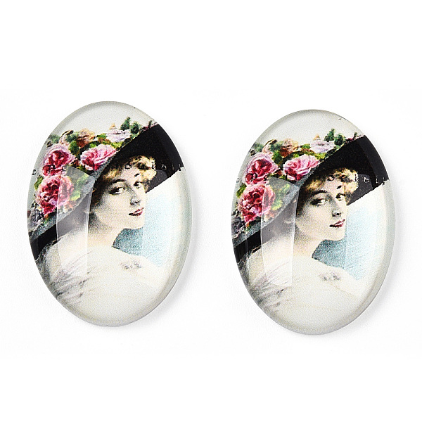 

PandaHall Glass Cabochons, with European Style Pattern, Oval, Hot Pink, 25x18x6mm Glass Oval