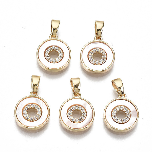

PandaHall Natural Sea Shell Charms, with Brass Snap On Bails and Clear Cubic Zirconia, Nickel Free, Flat Round, Real 18K Gold Plated..., White