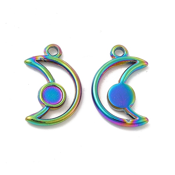 

PandaHall Ion Plating(IP) 304 Stainless Steel Pendants Cabochon Settings, Moon with Round Tray, Rainbow Color, 18x11x2mm, Hole: 1.6mm, Tray...