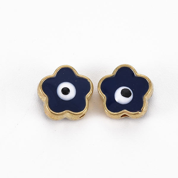 

PandaHall Rack Plating Alloy Enamel Beads, Cadmium Free & Lead Free, Flower with Evil Eye, Blue, 8x8.5x3~4mm, Hole: 1.2mm Alloy+Enamel...