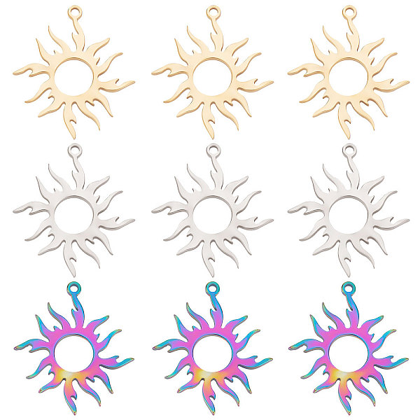 

PandaHall Beebeecraft 1 Box 18Pcs 3 Colors Sun Charms Stainless Steel Open Back Bezel Hollow Frames Mixed Color Pendant Charms for DIY...