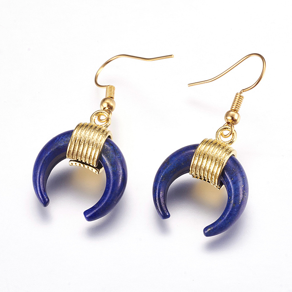 

PandaHall Natural Lapis Lazuli Dangle Earrings, with Brass Findings, Double Horn Shaped/Crescent Moon, Golden, Dyed, 41mm, Pin: 0.5mm...